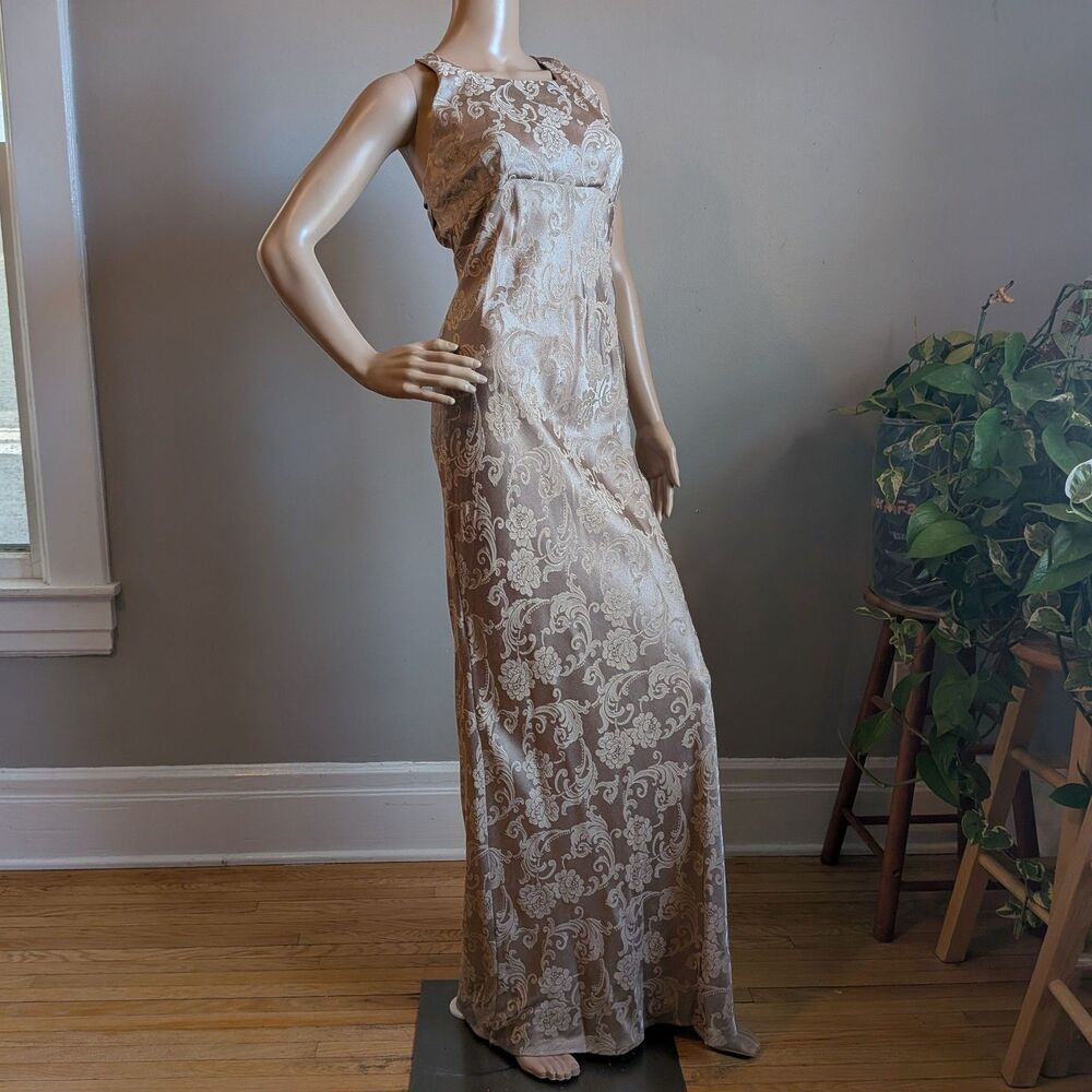 Vintage Y2K Tracy Evans Nites Prom Gown Maxi Slip Dress Floral Gold Tan Size 7/8